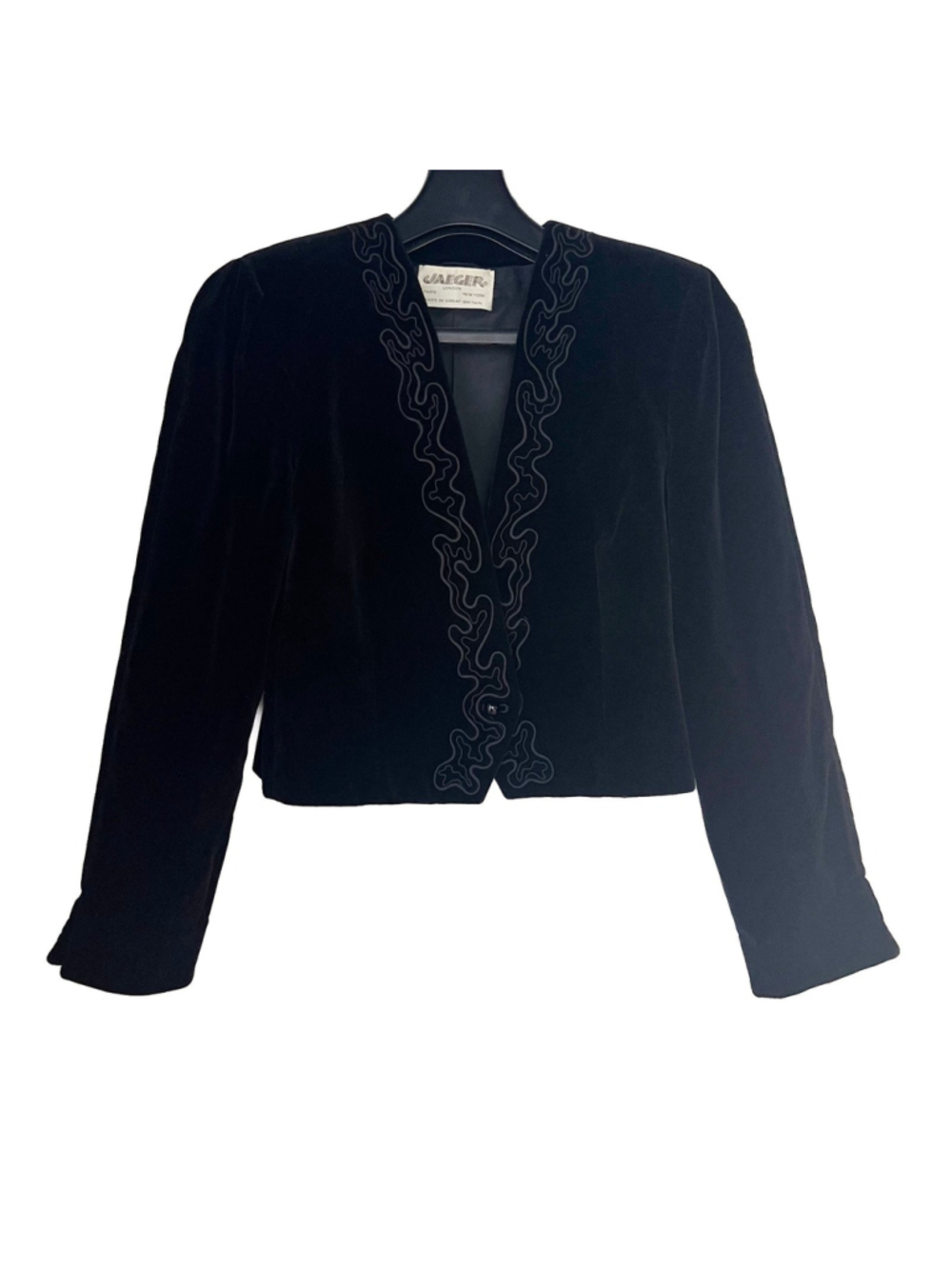 VTG 70s JAEGER Black Velvet Cropped Jacket Embroidered Blazer Size 14 Minimalist